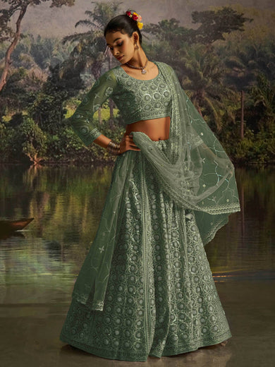 Gleaming Green Net Zarkan Work Reception Wear Lehenga Choli